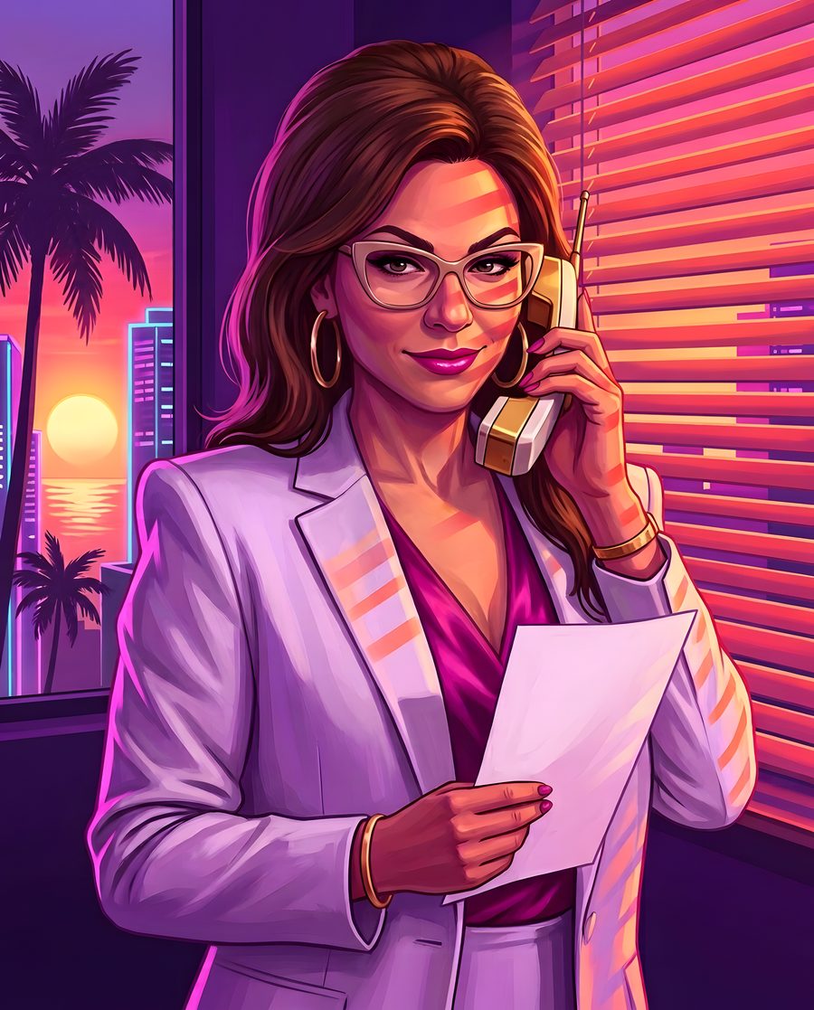 Angela w białym żakiecie rozmawia przez telefon w biurze z widokiem na zachód słońca nad Vice City